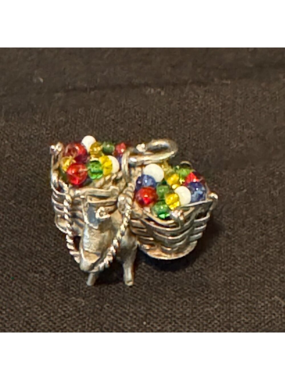 Vintage Silver Charm Pack Mule Carrying Baskets With Beads Size 0.75" Length